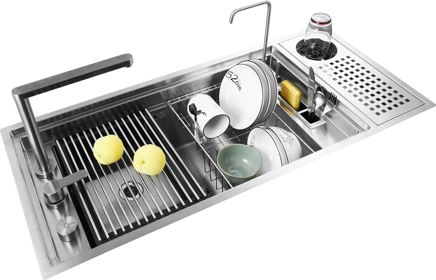 A brushed stainless workstation sink with a tall faucet, a roll-up rack holding two pears, a dish basket with plates and bowls, and a glass rinser.